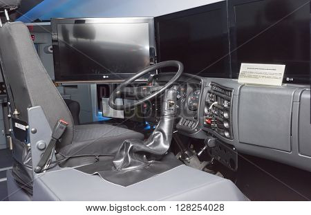 ROSTOV-ON-DON RUSSIA- APRIL 28 - Dynamic simulator locomobile KAMAZ at the exhibition center 