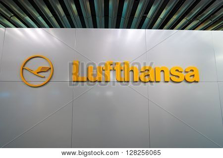 FRANKFURT, GERMANY - APRIL 07, 2016: close up shot of Lufthansa logo. Deutsche Lufthansa AG, commonly known as Lufthansa is a major German airline.