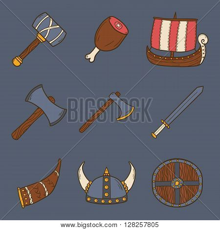 Set of cartoon hand drawn icons on viking theme. Vector cartoon scandinavian concept: viking ship hammer axe meat viking helmet sword shield. Viking things for cute hand drawn cartoon design
