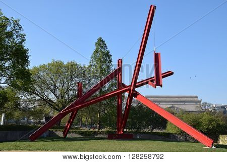 WASHINGTON, DC - APR 16: Are Years What sculpture by Mark di Suvero at the Hirshhorn Sculpture Garden in Washington, DC, on April 16, 2016. In 2013, the Sculpture Garden drew 645,000 visitors.