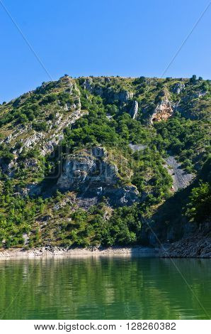 Rocky landscape of river Uvac gorge at sunny summer morning, southwest Serbia