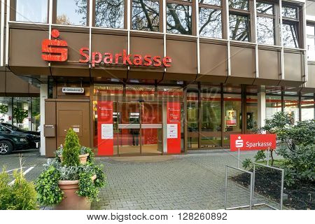 BADEN-BADEN, GERMANY - MAY 2: Modern building facade with logo of the german banks named Sparkasse. Germany, Baden-Baden, May 2, 2016