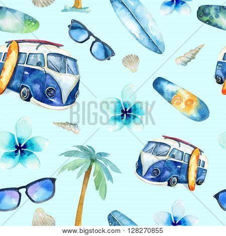 Hand drawn watercolor ocean surfing set. Beach holiday tropical travel adventure. Island with palm retro car wagon bus surfboard sunglasse shell and flower hibiscus. Watercolour sea sport activity.