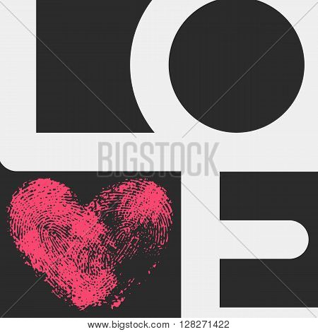 Creative typographic poster with LOVE inscription. Unusual composition and pink fingerprint heart as a letter V. Geometric phrase Love for romantic cards and modern wedding design. White text on black