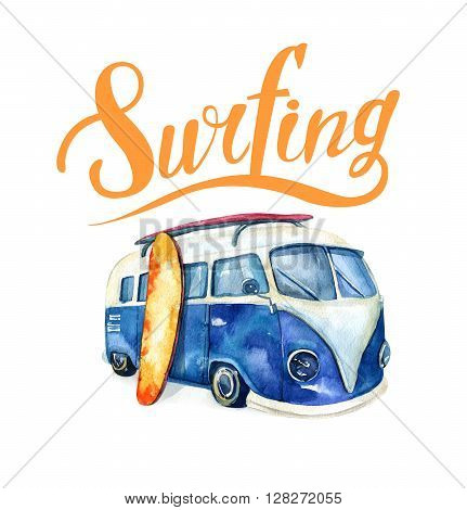 Hand drawn watercolor ocean surfing set. Beach holiday tropical travel adventure. Island with palm retro car wagon bus surfboard sunglasse shell and flower hibiscus. Watercolour sea sport activity.