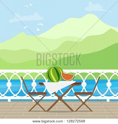 House Patio With Garden Chairs and Table on the terrace balcony. View over the lake. Mountain landscape. Picnic with waternelon. Flat style vector illustration.