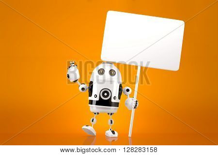 Happy cheerful Robot with blank board. 3D illustration. Contains clipping path