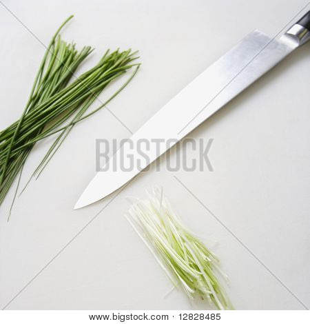 싱크대에 부엌 칼으로 신선한 향신료입니다.