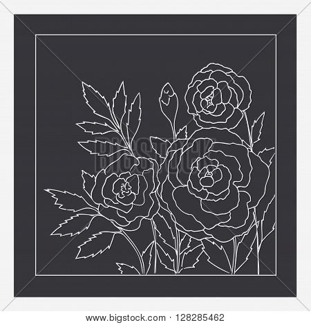 Beautiful roses isolated on black background. Hand drawn vector illustration with flowers. Retro floral card. Romantic delicate bouquet. Element for design. Contour lines. Chalkboard imitation.