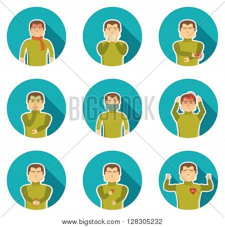 Flu symptoms icon set with ailing man and his state of health when sickness vector illustration