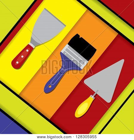 Vector illustration of a putty knife, paint brush, and pointing trowel. Hand tools for building, plastering and painting on a colorful abstract background. Material design. Square format.