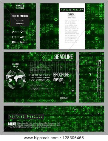 Set of business templates for presentation, brochure, flyer or booklet. Virtual reality, abstract technology background with green symbols, vector illustration.