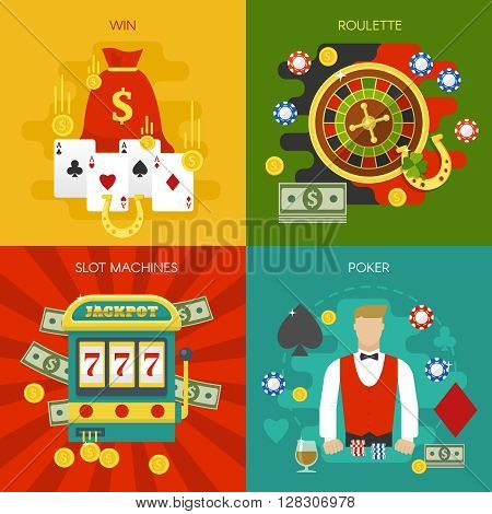 Entertainments at casino concept with slot machine winnings roulette poker dealer cards chips horseshoe isolated vector illustration