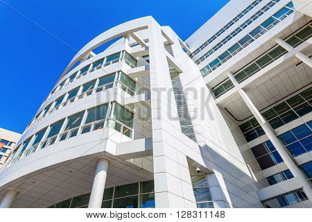 The Hague Netherlands - April 21 2016: New City Hall of The Hague. It was designed in 1986 by American architect Richard Meier and completed in 1995