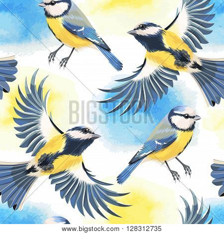 Tomtit and watercolor blots vector seamless background
