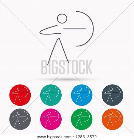 Archery sport icon. Archer with longbow sign. Aiming or targeting symbol. Linear icons in circles on white background.