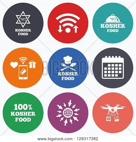 Wifi, mobile payments and drones icons. Kosher food product icons. Chef hat with fork and spoon sign. Star of David. Natural food symbols. Calendar symbol.