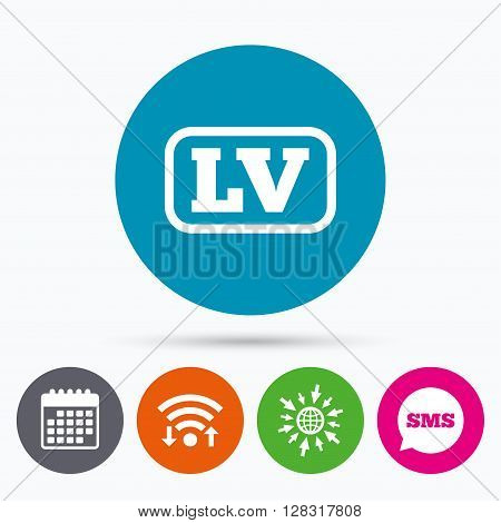 Wifi, Sms and calendar icons. Latvian language sign icon. LV Latvia translation symbol with frame. Go to web globe.
