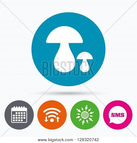 Wifi, Sms and calendar icons. Mushroom sign icon. Boletus mushroom symbol. Go to web globe.