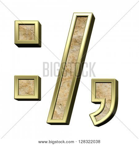 Colon, semicolon, period, comma from sandstone with gold frame alphabet set isolated over white. 3D illustration.
