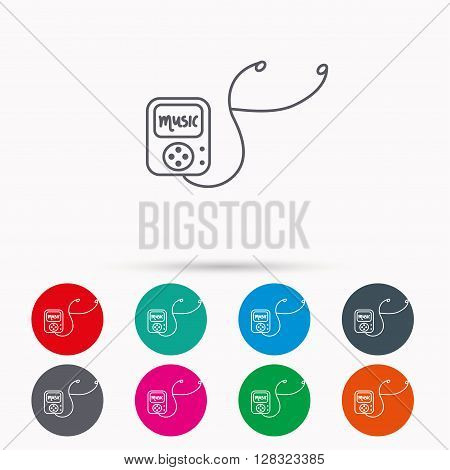 Music player icon. Songs portable device sign. Multimedia sound technology symbol. Linear icons in circles on white background.