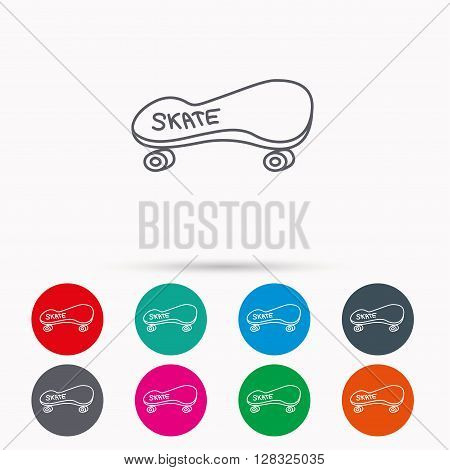 Skateboard icon. Skating sport sign. Skate with wheels symbol. Linear icons in circles on white background.
