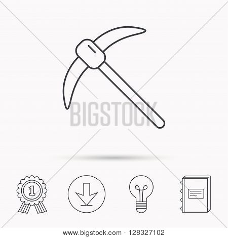 Mining tool icon. Pickaxe equipment sign. Minerals industry symbol. Download arrow, lamp, learn book and award medal icons.
