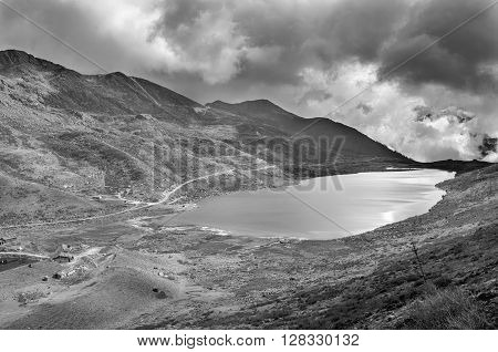 Elephant Lake named due to it's shape as a lying elephant remote high altitude lake at kupup Valley Sikkim. Himalayan mountain range Sikkim India