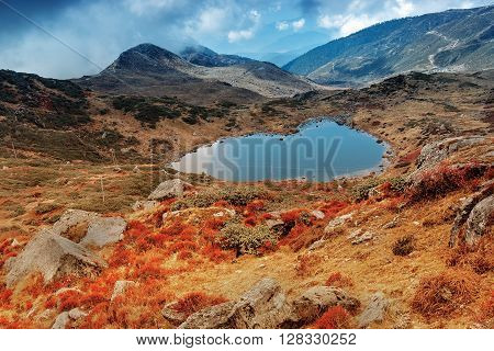 Top view of Kalapokhri lake Sikkim Himalayan mountain range Sikkim - It is one of beautiful remote placed lakes of Sikkim.