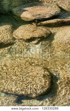 Reflection of sunlight on the underwater stones and rocks of Reshi river. Reshi is one of the most famous rivers of Sikkim flowing through the Himalayan state and serving water to many local people.