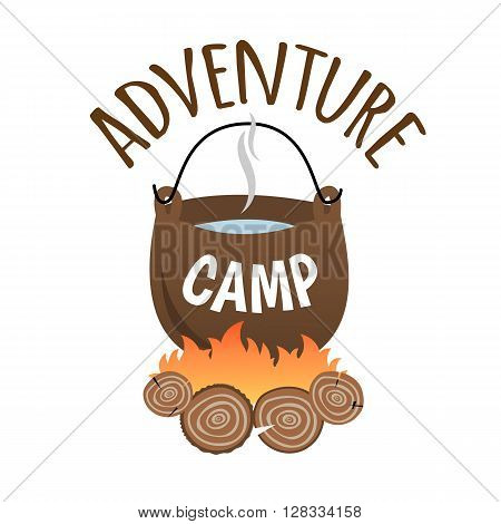 Adventure Camp. Tourist camp logo. Tourist pot hanging over the fire.