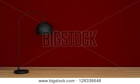 Red wall and wooden floor with black lamp