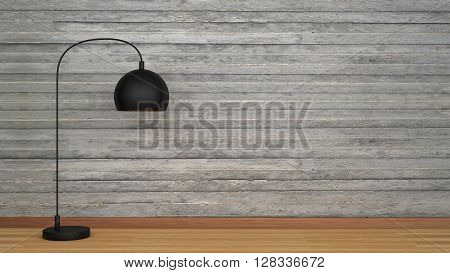 Concrete wall and wooden floor with black lamp