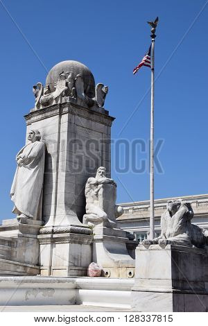 WASHINGTON, DC - APR 16: Columbus Statue at Union Station in Washington DC, as seen on April 16, 2016. Opened in 1907, it is Amtrak's headquarters.
