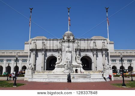 WASHINGTON, DC - APR 16: Columbus Statue at Union Station in Washington DC, as seen on April 16, 2016. Opened in 1907, it is Amtrak's headquarters.