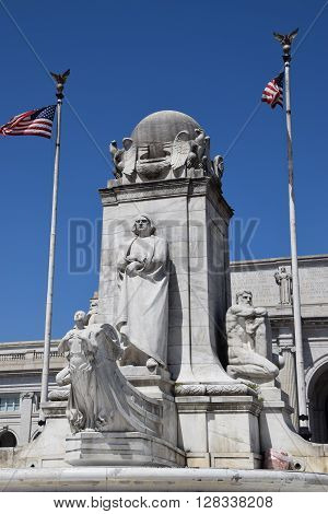 WASHINGTON, DC - APR 16: Columbus Statue at Union Station in Washington DC, as seen on April 16, 2016. Opened in 1907, it is Amtrak's headquarters.