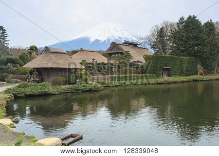 Oshino Hakkai a small village in the Fuji five lake region. With Mt. Fuji.