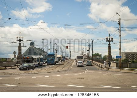 Akmens Bridge With National Library Of Latvia In The Background, Riga