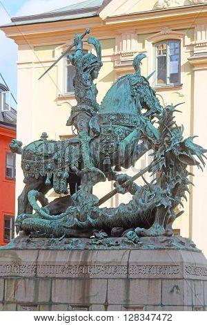 Stockholm, Sweden - March, 16, 2016: Statue of Sankt Goran, fighting with the Dragon in Stockholm, Sweden.