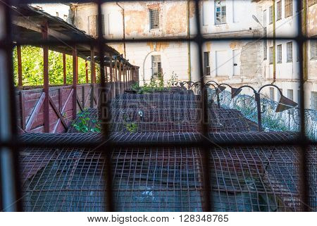 View throught the bars on Patarei prison yard Tallinn Estonia