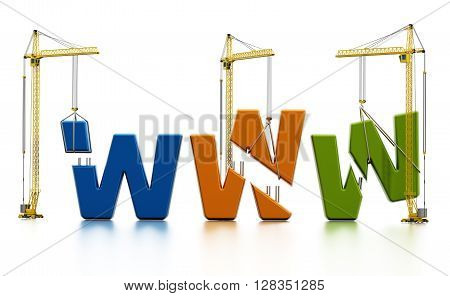 Colored www letters carried by construction cranes forming www word.