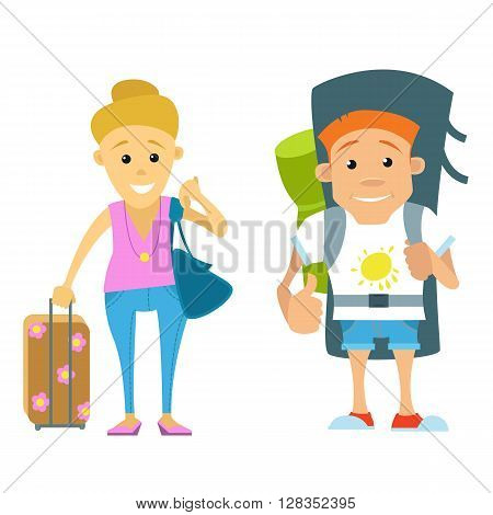vector set of people traveling. Vector illustration of couples travelling. Tourist couple on a white background