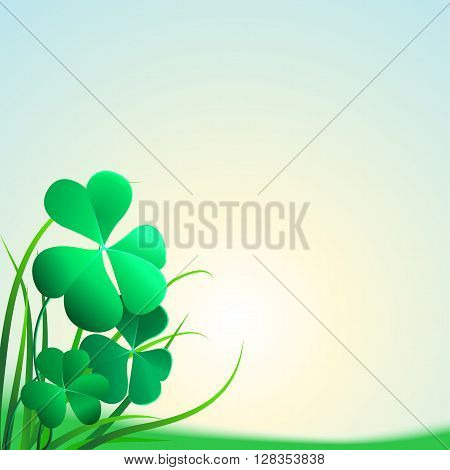 Illustration of clover leaves and grass on a blue background. Field clover leaves. Background with clover and glass for St. Patrick's day