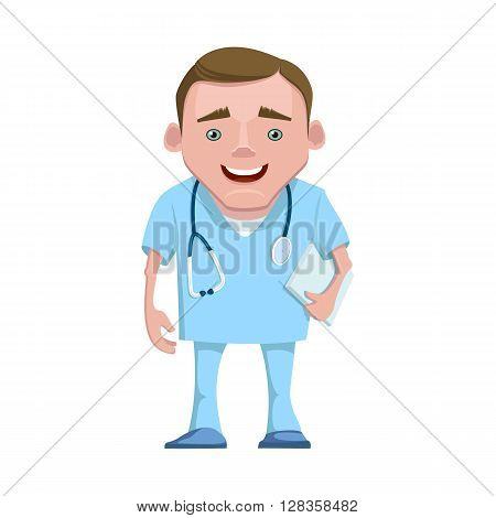 Vector illustration of a doctor in a blue uniform. Cartoon happy smiling doctor isolated. Doctor with stethoscope and paperwork in hand. Medical cartoon person.