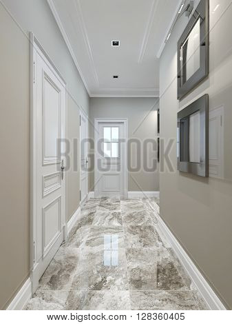 Art deco corridor design, marble tile flooring. 3d render