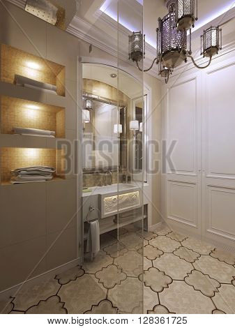 Arabic style bathroom with glass shover. 3d render