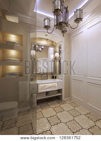 Bathroom in eastern style, luxury furniture. 3d render