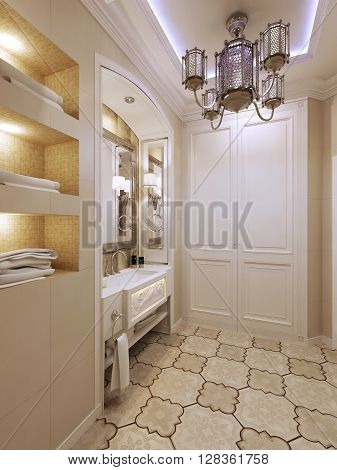 Bright bathroom design in classic style. 3d render