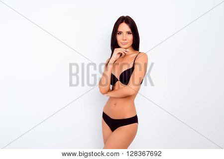 Pretty Brunette In Black  Lingerie Isolated On White Background