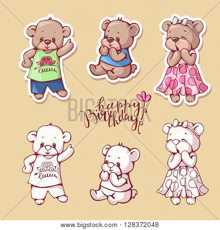 Vector set of funny cartoon bears isolated from a background. Monochrome and color version. Hand-drawn illustration.